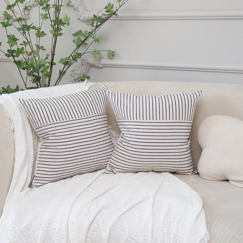 Hckot Navy Blue and Beige Patchwork Farmhouse Throw Pillow Covers 18 x 18 Inch  Pack of 2 Striped Linen Decorative Pillow Case for Sofa Couch Chair Bedroom Modern Decor(Navy Blue) - Image 3